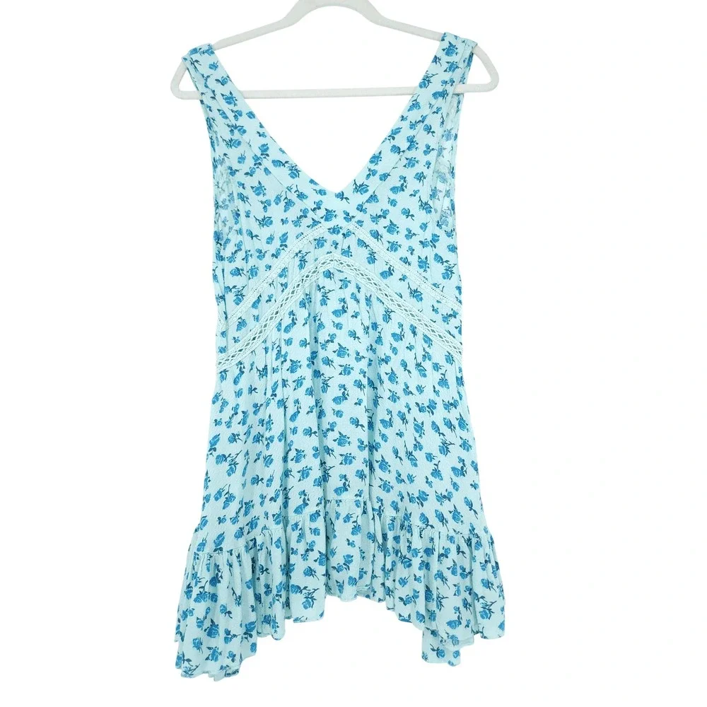 Free People Intimately Mini Dress Womens XS Blue Teal Floral Crochet Lace Soft